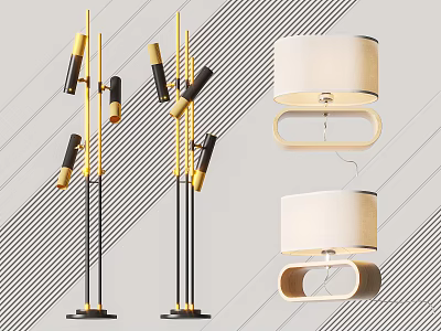Modern Floor Lamps With Black Gold Frame Multiple Light Heads And White Cylindrical Lampshades 3d model