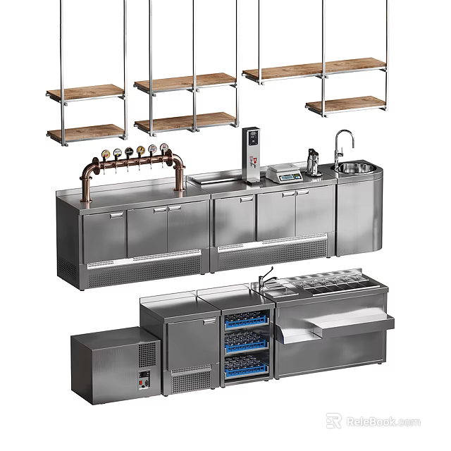 Stainless Steel Kitchen Equipment With Cabinets Sink And Metal Shelves 3d model 