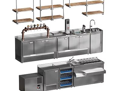 Stainless Steel Kitchen Equipment With Cabinets Sink And Metal Shelves 3d model