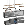 Stainless Steel Kitchen Equipment With Cabinets Sink And Metal Shelves
