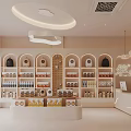 Warm Light Colored Modern Specialty Store Interior With Curved Shelves Counter Lighting And Displayed Merchandise