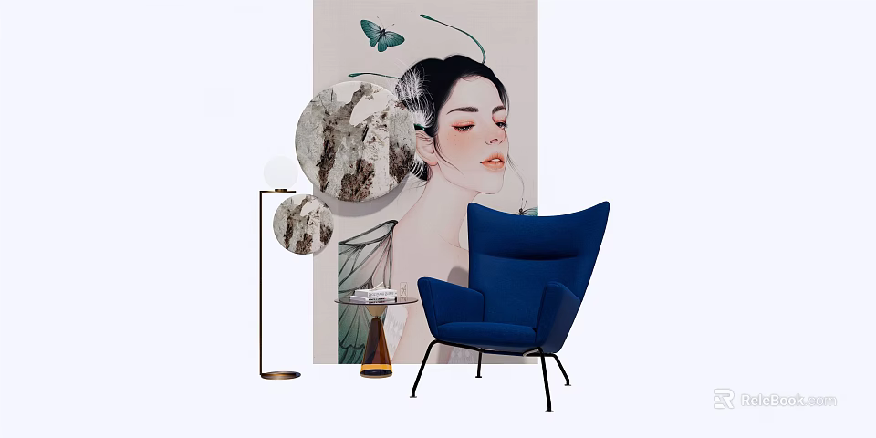 Blue Accent Chair In Modern Interior With Floor Lamp Side Table And Butterfly Art 3d model 