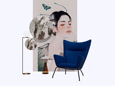Blue Accent Chair In Modern Interior With Floor Lamp Side Table And Butterfly Art 3d model