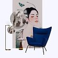 Blue Accent Chair In Modern Interior With Floor Lamp Side Table And Butterfly Art