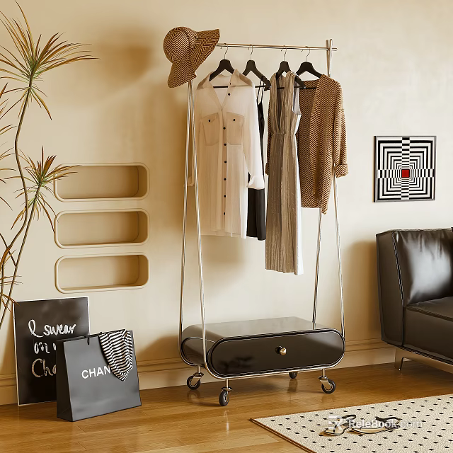 Modern Wheeled Clothes Rack With Hanging Shirts And Coats In Living Room With Sofa Plant 3d model 
