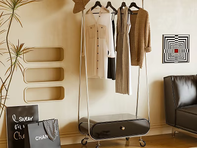Modern Wheeled Clothes Rack With Hanging Shirts And Coats In Living Room With Sofa Plant 3d model