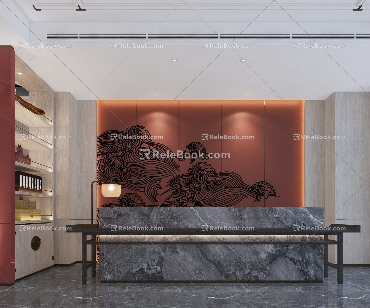 New Chinese Restaurant Front Desk Chinese Decoration Hotel Lobby Chinese Background Wall Xiangyun Waves 3d model