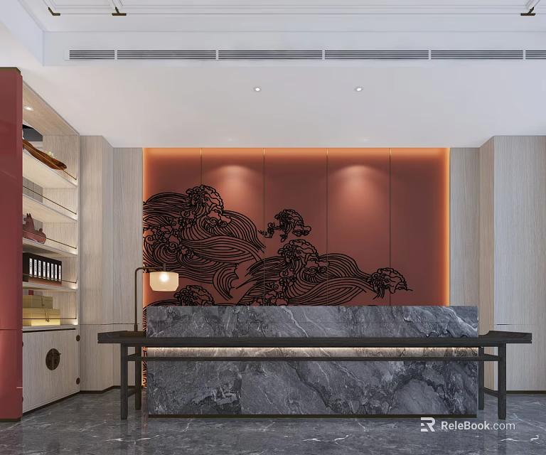 Elegant Restaurant Reception Area With Red Wall Black Wave Pattern And Marble Countertop 3d model 