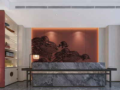 Elegant Restaurant Reception Area With Red Wall Black Wave Pattern And Marble Countertop 3d model