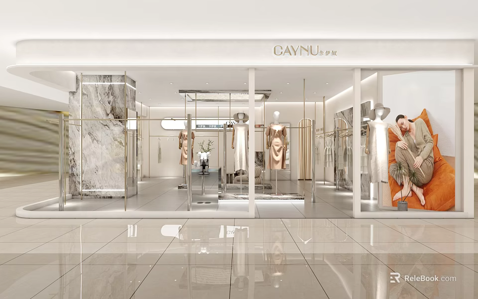 Modern Fashion Clothing Store Interior Design With Display Mannequins And Glass Windows 3d model 