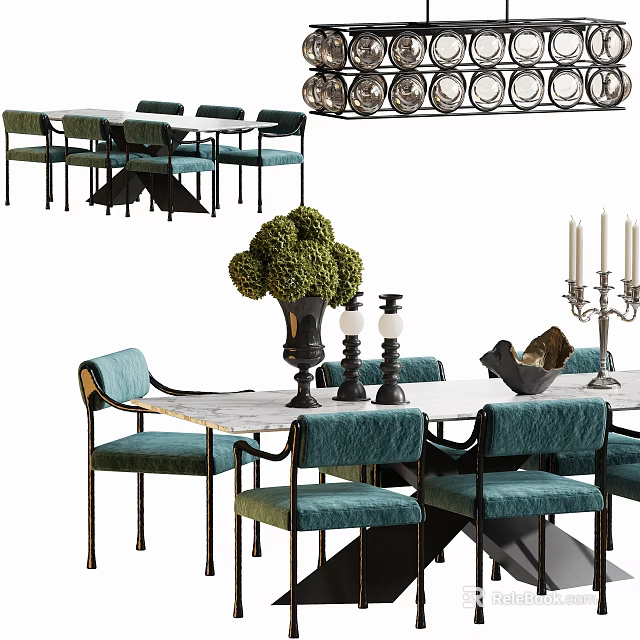 Dining Table Set with Teal Velvet Chairs Marble Tabletop and Decorative Vase Green Topiary 3d model 