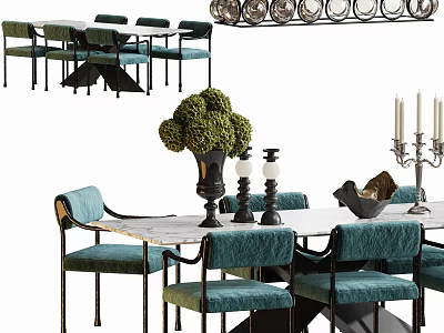 Dining Table Set with Teal Velvet Chairs Marble Tabletop and Decorative Vase Green Topiary 3d model