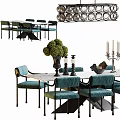 Dining Table Set with Teal Velvet Chairs Marble Tabletop and Decorative Vase Green Topiary