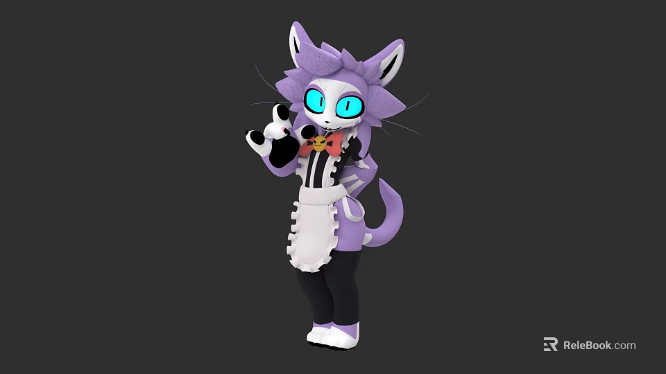 Purple Cat Like Character In Maid Outfit With Blue Eyes And Standing Pose 3d model 