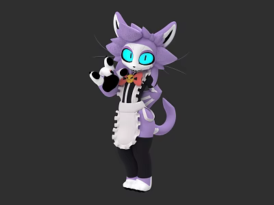 Purple Cat Like Character In Maid Outfit With Blue Eyes And Standing Pose 3d model