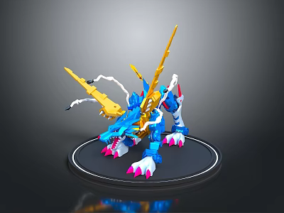 Detailed Blue Dragon Figurine With Yellow Horns Tail And Pink Claws On Black Base 3d model