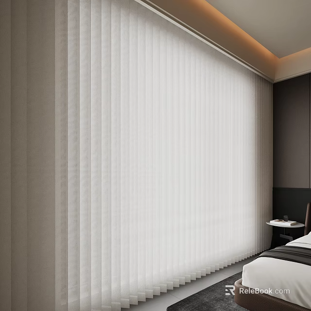 White Vertical Window Blinds In Modern Bedroom With Minimalist Interior Design 3d model 
