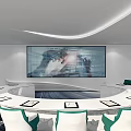 Modern Conference Room Featuring Large Screen Display Round Table White Teal Chairs And Striped Carpet
