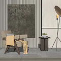 Light Colored Accent Chair With Beige Throw Blanket Black Side Table Metal Tripod Floor Lamp