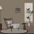 Warm Beige Living Corner With Wooden Armchair White Cushion Floor Lamp And Green Plant