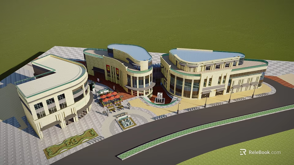 Modern Commercial Street Plaza With Curved Buildings Outdoor Seating And Fountain 3d model 