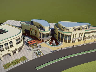 Modern Commercial Street Plaza With Curved Buildings Outdoor Seating And Fountain 3d model