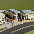 Modern Commercial Street Plaza With Curved Buildings Outdoor Seating And Fountain
