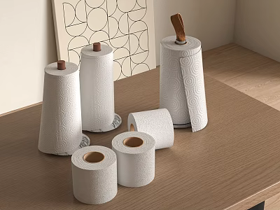 Toilet Paper Rolls Placed on Wooden Table with Geometric Pattern Artwork 3d model