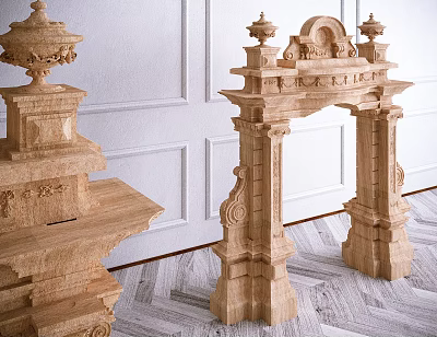 Intricately Carved Wooden Door Arch With Symmetric Pillars And Classic Decorative Details 3d model