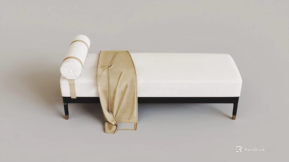 Comfortable Massage Bed With White Mattress Black Frame Rolled Towel And Beige Blanket 3d model 