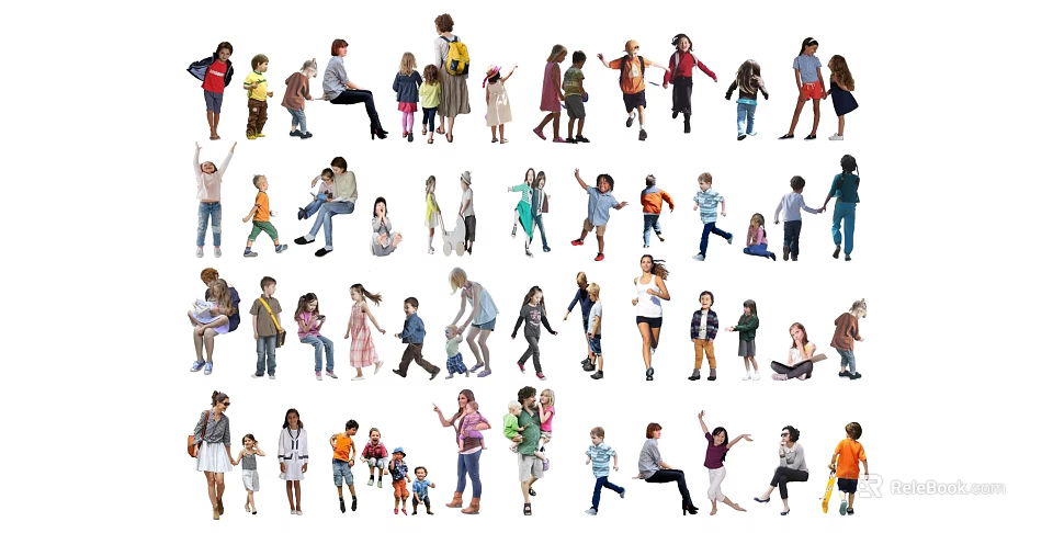 Diverse Group of People in Various Poses and Activities on White Background 3d model 