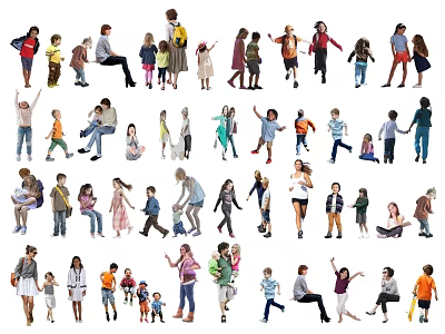 Diverse Group of People in Various Poses and Activities on White Background 3d model