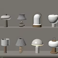 Various Stylish Table Lamps Displayed On Shelves With Different Designs