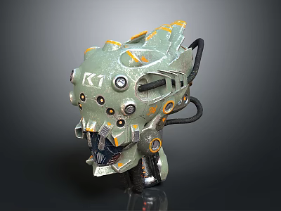 Detailed Green Mechanical Head With K1 Marking Yellow Accents And Black Cables 3d model