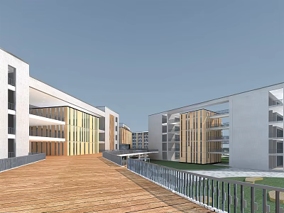 Modern School Buildings with Multiple Structures Wooden Walkway Metal Railings and Clear Blue Sky Background 3d model
