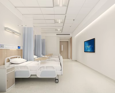 Clean Modern Hospital Ward Interior Featuring Patient Bed Blue Curtains And TV Screen 3d model