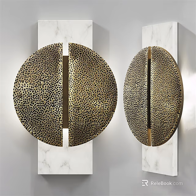 Modern Round Brass Textured Wall Lamps Mounted On White Marble Wall 3d model