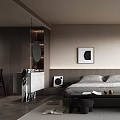Modern Bedroom Interior With Large Bed Wall Art Window Blinds Area Rug And Bedside Bench