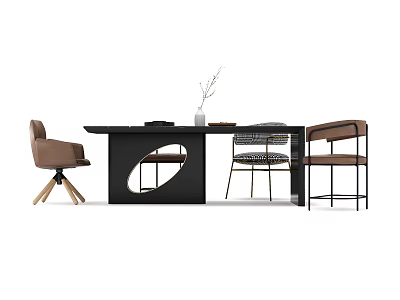 Modern Black Dining Table Set Featuring Brown Chairs and Vase with Branches 3d model