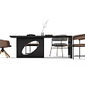 Modern Black Dining Table Set Featuring Brown Chairs and Vase with Branches 3d model