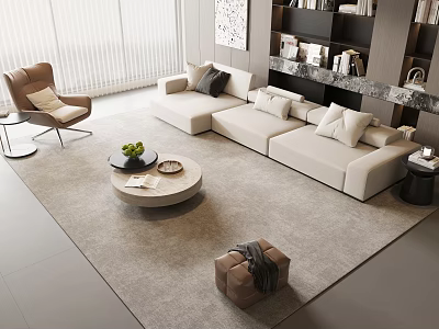 Modern Beige Sofa Round Coffee Table Set In Living Room With Area Rug And Armchair 3d model