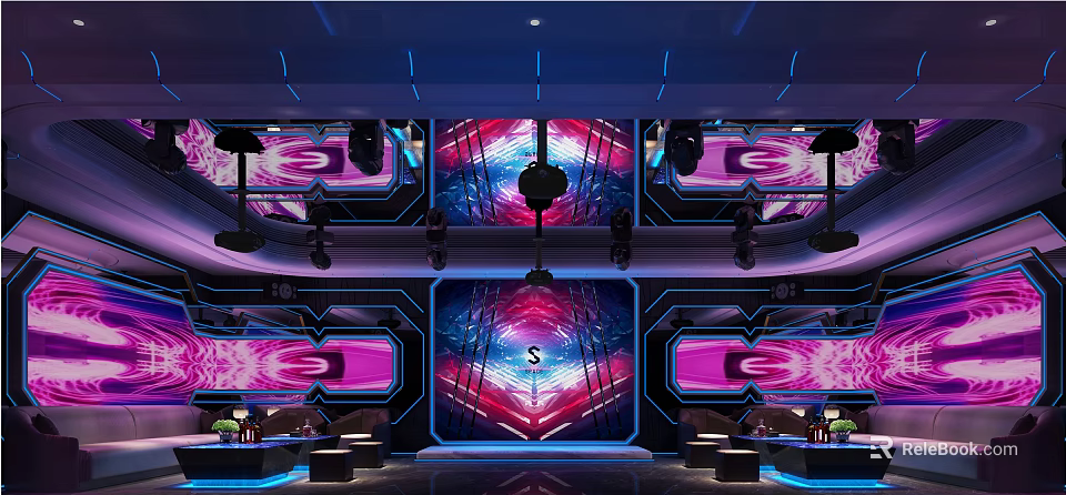 Modern KTV Lounge Interior Design With Colorful Neon Lights Large LED Screens And Comfortable Seats 3d model 