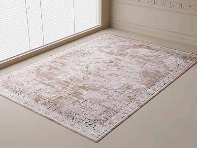 Square Rug With Neutral Beige Light Brown Classic Pattern On Room Floor Near Window 3d model