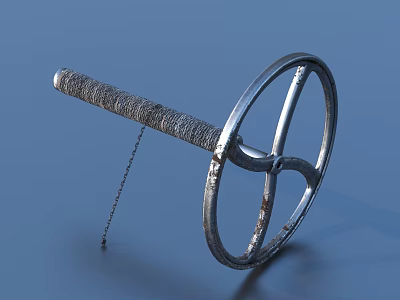 Vintage Metal Tool With Textured Handle Circular Wheel And Attached Chain 3d model