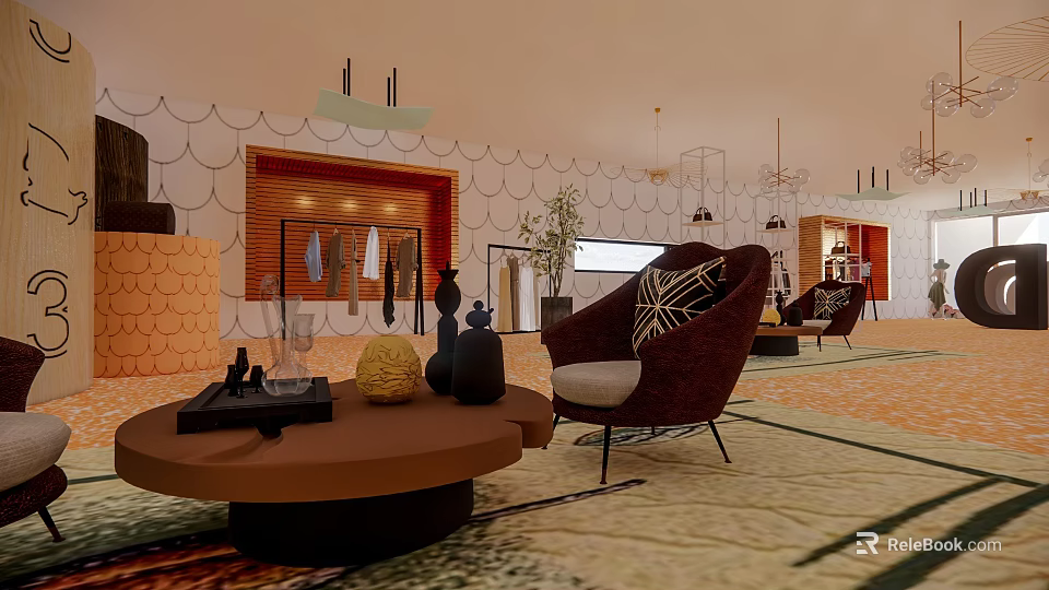 Elegant Modern Front Desk Reception Interior With Lounge Chair Decor Items And Unique Wall Design 3d model 