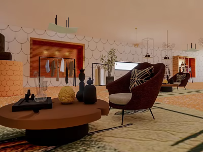 Elegant Modern Front Desk Reception Interior With Lounge Chair Decor Items And Unique Wall Design 3d model