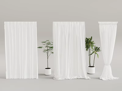 White Hanging Curtains Display With Potted Green Plants On Neutral Background 3d model