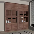 Modern Wooden Cabinet Design With Glass Doors And Vases By Window Blinds