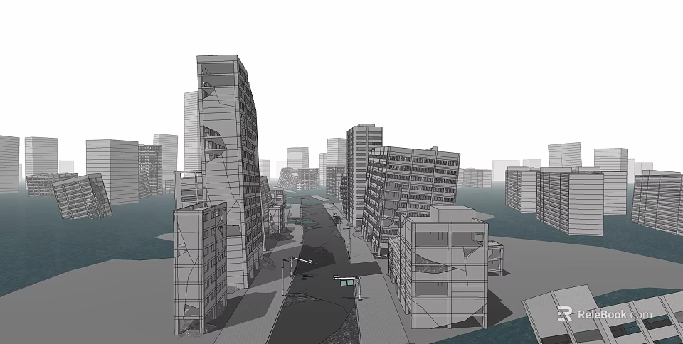 Wireframe Style Detailed Modern Urban Cityscape With Tall Buildings And Street 3d model 