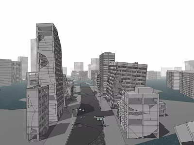 Wireframe Style Detailed Modern Urban Cityscape With Tall Buildings And Street 3d model